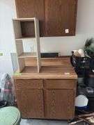 36" base cabinet and 36" double door wall cabinet and small white shelf unit  Bring a screw gun