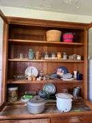Flour sifter, misc dishes, green depression candle sticks, stoneware cookie jar and more