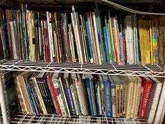 2 white metal shelf units, oak bookcase and LOTS AND LOTS of education materials BRING YOUR BOXES