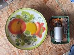 Large painted enamelwear bowl and Miro cookie press