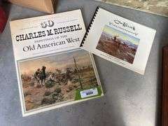 Charles Russell canvas and two Charlie Russell art books 20 x 16