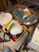 15+ boxes and totes of mostly fabric, denim, rug making items, knitting and sewing related - CRAFTY CORNER