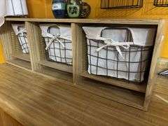 Three section storage bin, hanging coffee cup storage and drinking glasses