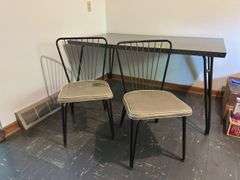 36x46 Lloyd metal and wood dinette table with 12” leaf and two chairs