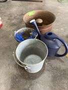 Copper look planter, plastic sprinkling can, metal buckets