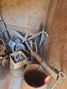 2 old walking plows, breaking plow and potato plow, cream separator parts