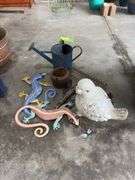 Metal flower garden yard art, bird and sprinkling can