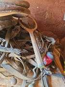 Plethora of old horse harness, collars, hames w/ brass knobs etc...