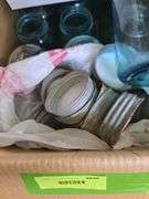 Box of blue canning jars of various sizes
