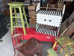 Very heavy duty red bench, green stool, sofa table, wall hanging shelf