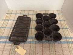 Cast iron cornbread pan marked 7 S E and muffin pan