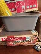 Children’s toys include board games, wooden dominoes, football, ball glove, Sunnyfield Farms barn and more