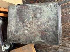Hat boxes, old suitcase, wooden crutches, canning jars, cane, Booth Special foot warmer???