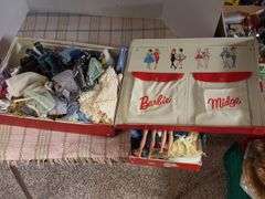1963 Barbie and Midge doll case, (2) 1958 patent dolls, assorted clothes and patterns