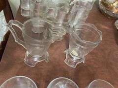 2 apple jars, glasses, early pattern glass cream & sugar, fan basket, pitcher and glasses set