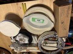 Pie plates, canning jar lids, vintage colander, pampered chef batter bowl, apple peeler