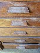 2pc oak cupboard with glass door top and 10 drawer base 26D x 56L x 90H Bring tools to take apart!