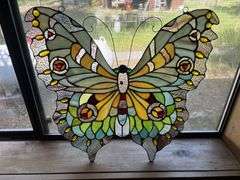 Beautiful intricate butterfly stained glass window hanger 20" wide
