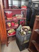 Two shelving units and lots of smaller shelves and storage items plus group of apple kitchen items