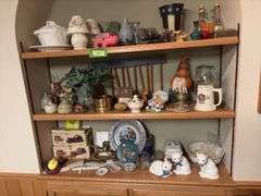 3 shelves of dustables-figurines, wood cars, cats, old marble game and LOTS more
