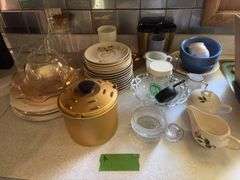 Plastic mixing bowls with lids, dishes, drawer of flatware, glassware, small CorningWare casseroles, etc