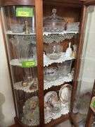 All in china cabinet includes glass bells, vases,  pitcher, hand painted bowls and more