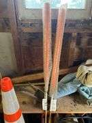 Pruning shears, metal plant holder, safety cone, wood pieces, boot jack, clothes hangers, etc