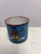 Vintage bread box, enamelware pail and hand enameled cup
