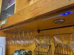Three section storage bin, hanging coffee cup storage and drinking glasses