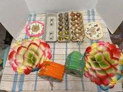 English walnut tree decorations, 4 west Germany nut ornaments, paper lanterns