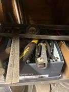 Gas cans, small galvanized trash cans, files and other tools PLUS THE SHELF Shelves 3 & 4