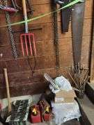Saws of all kinds, spading fork, power cords, ax, scythe, etc