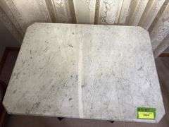 Antique Eastlake style marble top walnut parlor table with original porcelain casters 22 x 30 Per Seller inventory, top was cut from the countertop of old Norway bank