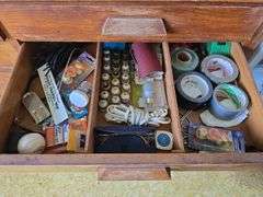 Flour sifter, misc dishes, green depression candle sticks, stoneware cookie jar and more