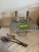 American Fostoria square cake stand, weighted sterling candlesticks, cake server and spaghetti spoon