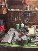 Small rolling tool box and tools as shown on left half of bench and wall