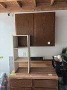 36" base cabinet and 36" double door wall cabinet and small white shelf unit  Bring a screw gun