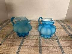 2 blue satin glass whimsy pitchers, 2 pcs hobnail glass