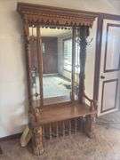 Antique ornate lions head oak entry bench with mirror