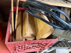 Pruning shears, metal plant holder, safety cone, wood pieces, boot jack, clothes hangers, etc