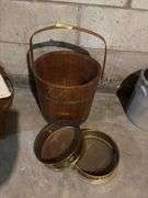 Wooden bucket by Baskerville 12x12 and two US copper standard sieves, No.4 and No.140