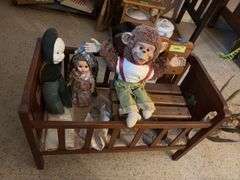 Doll crib, doll bench and three dolls including Chimpee Dear by Doll & Toy Industry Inc