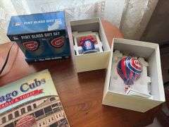 Chicago Cubs items include lamp, book, glasses, ornaments
