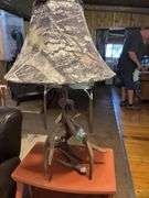 Antler lamp, painted hide and decorative bowl