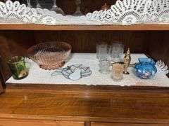 Mary Gregory painted blue vase, stemware, candle holders, pink bowl, 1907 souviner cup and more