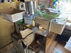Desk, file cabinet and drawer full of stained glass making items