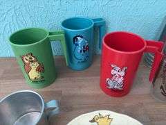 Disney children’s cups, baby cup, cereal bowl, Jewel Tea soufflé cups, etc