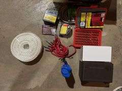 Rope, drop cords, bits, multipurpose fabric plastic boxes, tape measure, bug spray, etc