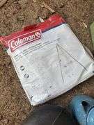 Fold up picnic table, coleman campfire tripod, cast iron dutch oven and enamel coffee pot