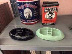 Tobacco tins, Scottie dog ashtray, two Snuf-a-rettes